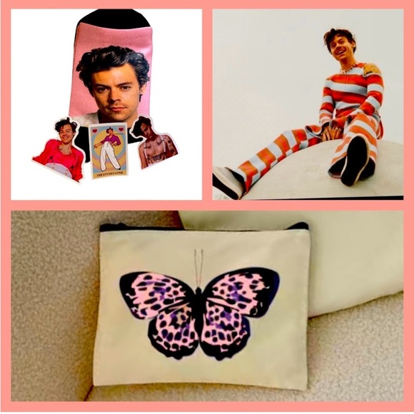 2 LEFT🆕 HARRY STYLES BUNDLE: Butterfly Canvas
Make-up Bag, Socks and 3 Stickers - Picture 1 of 5